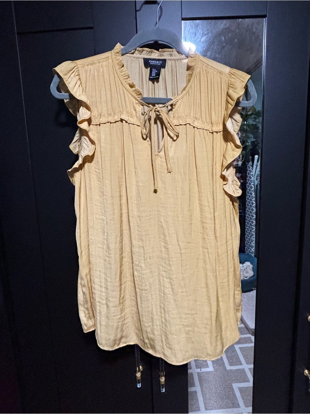 Jones New York Mustard Tie-Neck Ruffle Sleeve Blouse